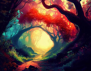 A fantasy forest landscape filled with colorful trees.  Generative AI.
