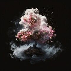 Sakura in smoke. Japanese tree in smoke on a dark background. Wood and smoke. Growth. Generative AI.
