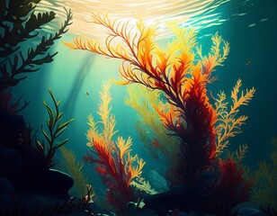 Fototapeta na wymiar Underwater landscape with different colors of algae and sea grass. Generative AI