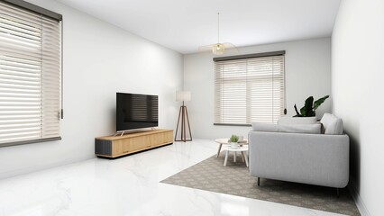 Simple living room with a white sofa, window, tv, decorations and ornamental plants. 3d rendering, interior design, 3d illustration