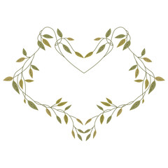 Symmetrical heart shape design or frame with leaf branches. Isolated vector illustration.