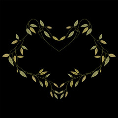 Symmetrical heart shape design or frame with leaf branches. On black background.