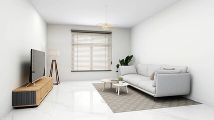 Simple living room with a white sofa, window, tv, decorations and ornamental plants. 3d rendering, interior design, 3d illustration
