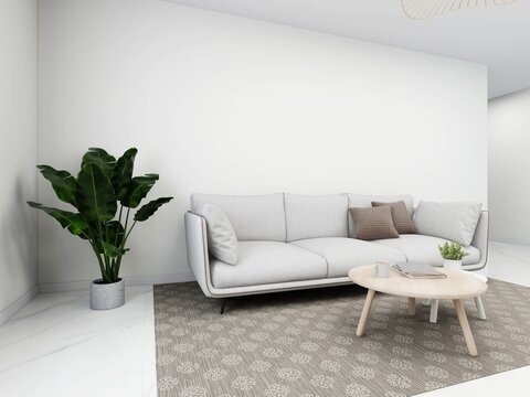Simple living room with a white sofa, decorations and ornamental plants. 3d rendering, interior design, 3d illustration
