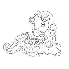 Unicorn, magic fairytale flying horse with wings. Coloring page for kids. Vector illustration.