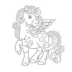 Unicorn, magic fairytale flying horse with wings. Coloring page for kids. Vector illustration.