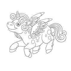 Unicorn, magic fairytale flying horse with wings. Coloring page for kids. Vector illustration.