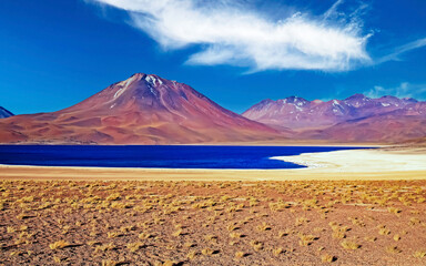 Beautiful wild arid andes high plain landscape, dark blue lake, red colorful volcano Miniques cone, sand with yellow dry grass tufts - Laguna Miscanti, Atacama desert, Chile