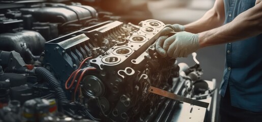 Obraz na płótnie Canvas repairman hands repairing a car engine automotive workshop with a wrench, Automobile mechanic car service and maintenance, Repair service