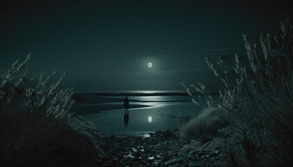 Fototapeta premium ocean in the night, moon in the background Generative AI, Generativ, KI