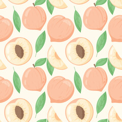 Vector seamless pattern with flat ripe peach or nectarine with leaves.
