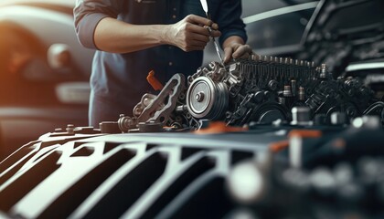repairman hands repairing a car engine automotive workshop with a wrench, Automobile mechanic car service and maintenance, Repair service
