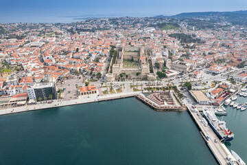 Fototapeta premium Cruise Ship in the Cesme Marina Drone Photo, Cesme Izmir, Turkey
