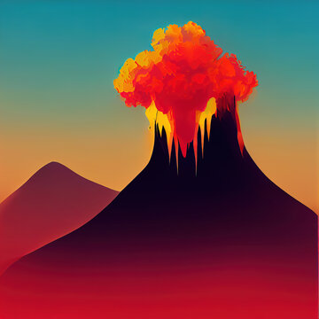 Awakened volcano flat illustration. Volcanic eruption simple picture. Volcano crater with erupting lava. AI-generated