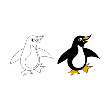 Vector Illustration of a Cute Cartoon Character Penguin for Kids Art Design and Computer Game. Coloring Book Outline Set