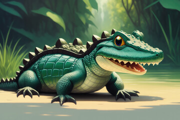 Colorful magic alligator, cartoon style painting. Generative ai art illustration