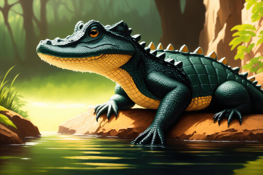 Colorful magic alligator, cartoon style painting. Generative ai art illustration