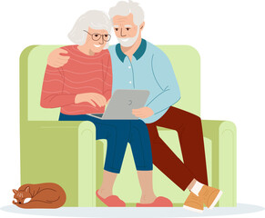 Progressive old people use internet. Senior people and technologies concept. Mature elderly couple using laptop together learning computer communicating online Vector illustration Studying computer