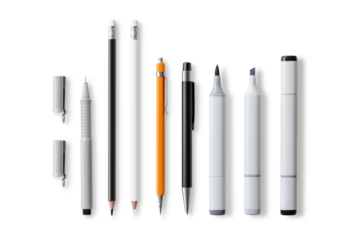 Collection of various pens, pencils, mechanical pencils, brushes and markers  isolated on a transparent background, PNG. High resolution.
