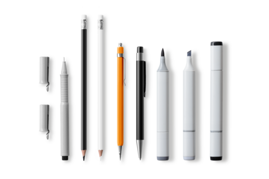 Collection of various pens, pencils, mechanical pencils, brushes and markers  isolated on a transparent background, PNG. High resolution.
