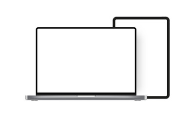 Laptop Silver Mockup With Tablet, Blank Screens, Isolated on White Background. Vector Illustration
