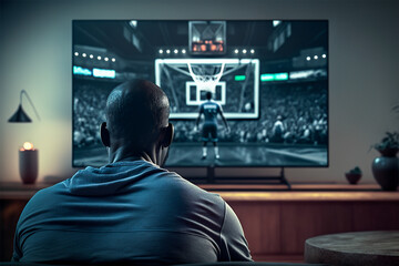 A man watching basketball nba game and sitting on sofa.Back view.Created with generative ai	