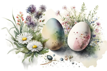 Fototapeta na wymiar Easter decoration concept. Floral watercolor painting on white background. AI generated.