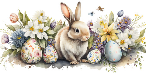 Easter decoration concept. Floral watercolor painting on white background. AI generated.