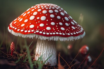 Red and white mushroom close-up illustration. Generative AI.
