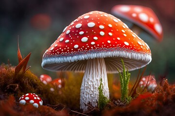 Red and white mushroom close-up illustration. Generative AI. - obrazy, fototapety, plakaty