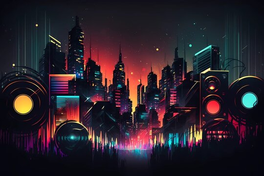 Audio music backgrounds. Buildings city view with sounds elements, colors and particles. Vivid and vibrant illustration of city skyline at night with musical twist of techno or Edm. Generative AI.