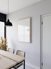 Dining room with vertical blank frame and interior decoration. 3d rendering, interior design, 3d illustration