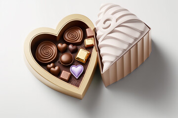 a box of heart-shaped chocolates with chocolates, on a white background