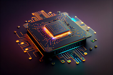 Abstract glowing computer chip. generative AI