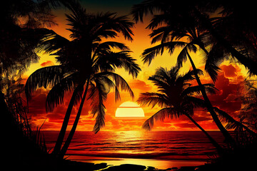 Illustration of tropical sunset at beach. generative AI