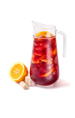 Tinto de Verano or vino de verano, Red wine Spanish cocktail with oranges in jar on white background.