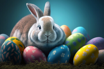 Fototapeta na wymiar Super cute easter bunny guards a bunch of colorful eggs, a very realistic, detailed, beautiful background.