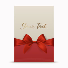 Vector 3d Realistic Red Gift Ribbon and Bow with White Greeting Card Background. Bow Design Template, Concept for Birthday, Christmas Presents, Gifts, Invitation, Card, Gift Box. Holiday Decoration