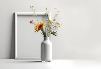 Photo frame and small flowers in vase on pastel grey background.
