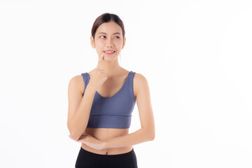 Fototapeta na wymiar Portrait of beautiful young asian woman in sportwear smile and thinking isolated on white background, sport and exercise for health and weightloss, female and slimming with confident and wellness.
