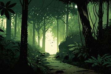 Obraz premium Fairytale fantasy forest. Abstract trees, magic, illustration. Generative backdrop