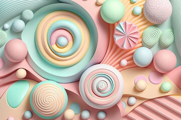 Sweet colorful candies and lollipops. Look like 3d rendering. Generative llustration for card, party, design, flyer, poster, banner, advertising