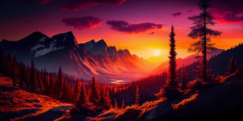 Gorgeous sunset over the mountainous landscape - generative AI