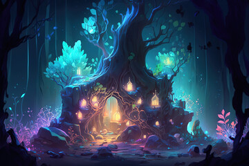 Obraz na płótnie Canvas Enchanted fairy forest with gemstones minerals and magic crystals. Concept art ai generative