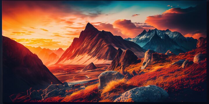 Gorgeous sunset over the mountainous landscape - generative AI © Brian