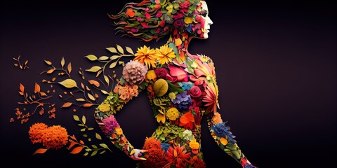  Woman made of flowers on black studio background. Isolated natural character design concept by generative AI