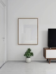 Living room with a blank vertical frame next to a tv. 3d rendering, interior design, 3d illustration