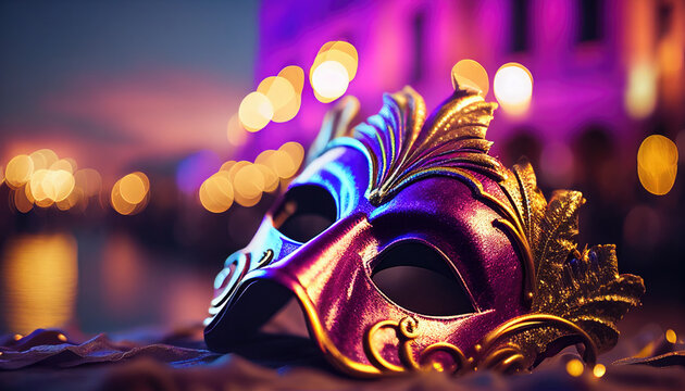 venetian mask on bokeh background Venice carnival purple generative AI