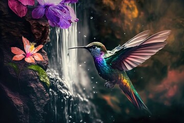 Obraz premium A hummingbird collects nectar from flowers. 