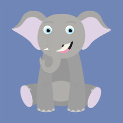 Cute cartoon elephant sitting on blue background. Vector illustration in flat style